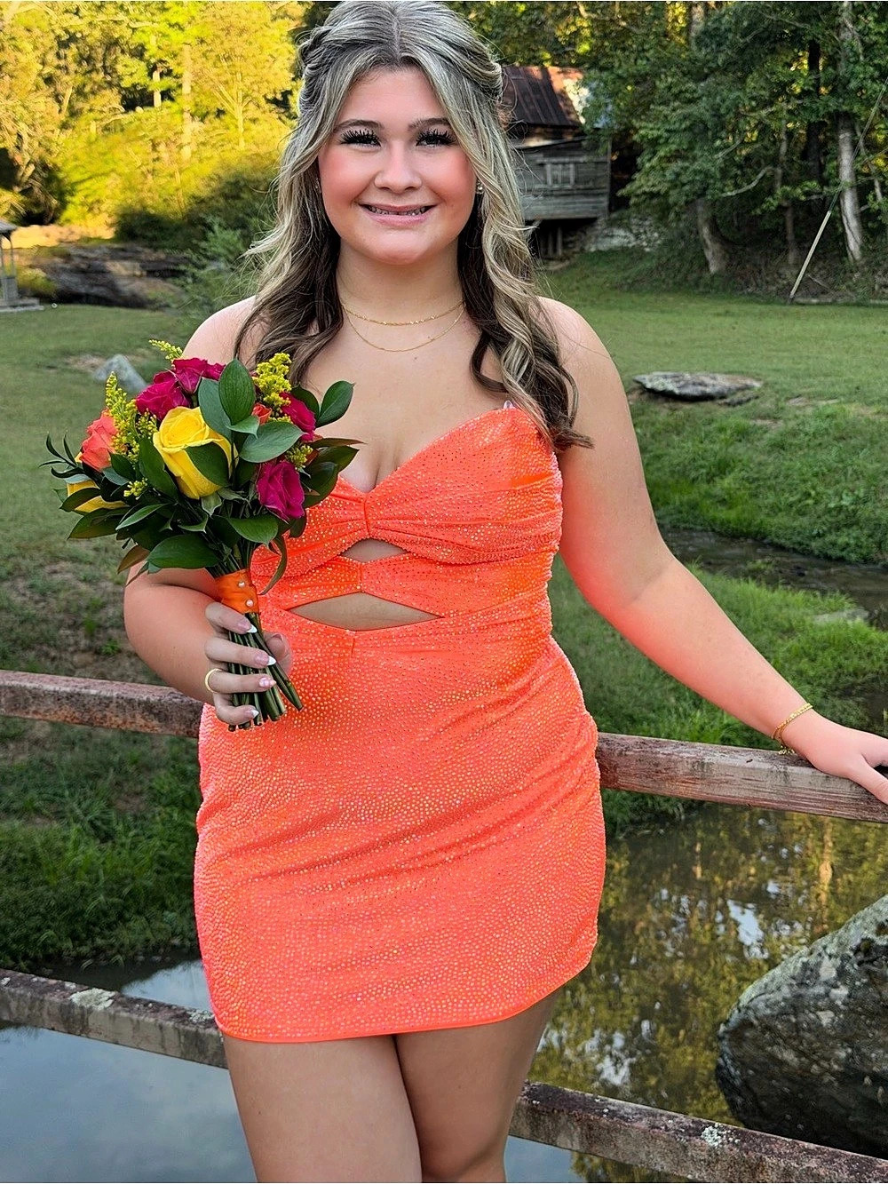 Sherry Hill Orange Rhinestone Cutout Mini Dress Like New